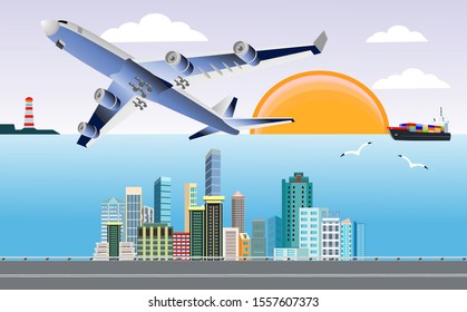 Flying airplane in the sky above the city, delivery concept. Vector Illustration 
