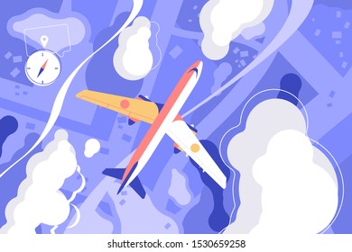 Flying airplane in sky vector illustration. Flight of aircraft among white clouds for travel and tourism design flat style concept. Ground and compass symbol