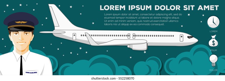 Flying airplane and Steward. Colorful vector flat banner. Quality design illustration, elements and concept.