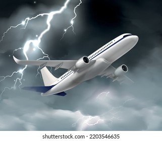 Tormenta de avión volante composición realista con paisaje tormentoso y aviones que vuelan a través de nubes y ilustración vectorial de relámpago