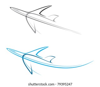 Flying airplane    stylized vector illustration  Grey icon white background  Isolated design element  Airliner  jet 