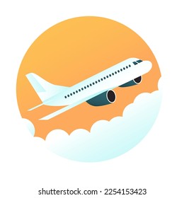 Flying airplane. Sunset sky and clouds. Flat vector illustration.