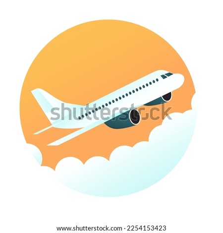 Flying airplane. Sunset sky and clouds. Flat vector illustration.