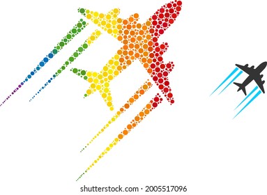 Flying airplane trace mosaic icon of filled circles in various sizes and spectrum colored color tints. A dotted LGBT-colored flying airplane trace for lesbians, gays, bisexuals, and transgenders.