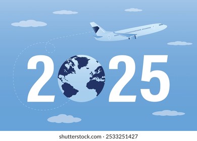 Avión volador, viaje y vacaciones en 2025 sobre fondo azul del cielo. Es hora de viajar. Anuncio Horizontal. Vacaciones, viaje global. Cartel motivacional, diseño para Web o marketing. Ilustración vectorial plana