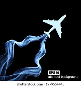 Volando el avión y haciendo olas de humo. Resumen de luz de fondo futurista.