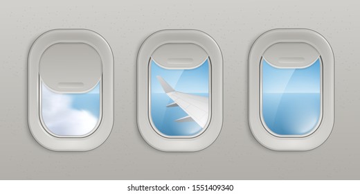 Flying Airplane Windows Or Portholes With Open And Closed Shadows Insight Look At Sky And Wing 3d Realistic Vector Illustration. Interior Of An Airplane With Illuminators.