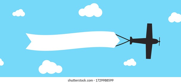 Flying airplanes with advertising banners on blue background. Planes with blank ribbons. Stock vector illustration