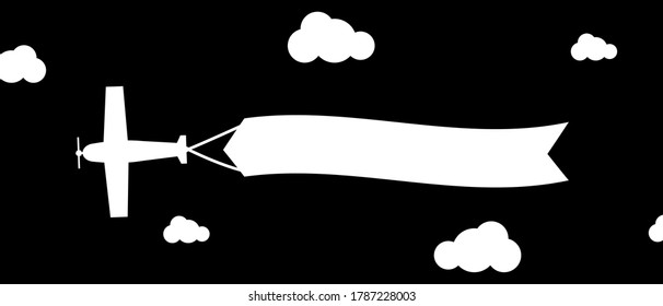 Flying airplanes with advertising banners on black background. Planes with blank ribbons. Stock vector illustration