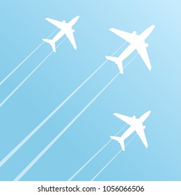 Flying airplanes in the blue sky vector template.