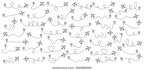 Flying airplanes with dotted line path collection. Airplane with start point set. Travel destination concept. Vector illustration isolated on white.