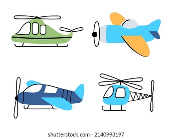 Flying airplanes and helicopter collection in childish style. Vector helicopter and airplane, transportation aviation illustration