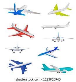 Flying airplanes, jet planes, airliners of different models, a detailed overview from different angles.
