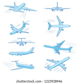 Flying airplanes, jet planes, airliners of different models, a detailed overview from different angles.