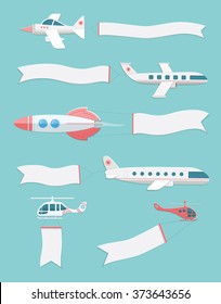 Flying airplanes, rocket, helicopters with banners for your text. Flat style vector illustration set.