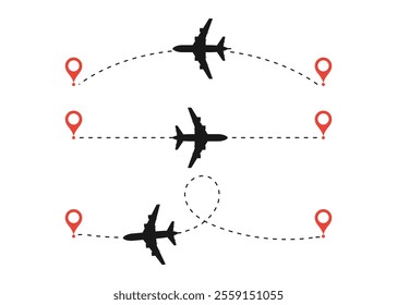 Flying airplanes sky route, Travel concept. Traveling booking agency, Airlines. holiday vacation. Fly high, Icons set, Plane flight path vector set. Flying dotted line to destination collection