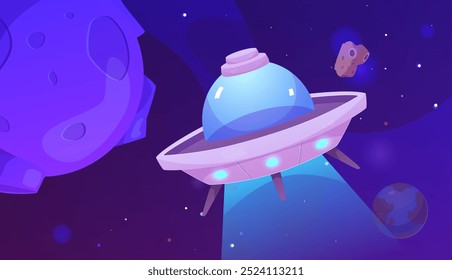 Flying alien saucer in space. Vector illustration with UFO spaceship, stars, planet and asteroids, perfect for various design projects. Flat cartoon style.