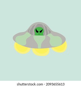 flying alien in UFO, cartoon of green alien in flying spaceship