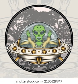 Flying Alien with Ufo Illustration. Premium vector