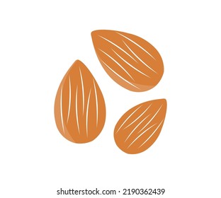 Almendras voladoras aisladas en el diseño del logo de fondo blanco. Almendras orgánicas frescas, nueces   Todo, cortado, medio, rebanar almendra. Profundidad completa del diseño e ilustración de vectores de campo.