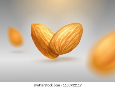 Flying almonds on gray isolated background. Realistic vector 3d illustration. Template for packaging design, print design, postcard, banner, label, poster, background. EPS10