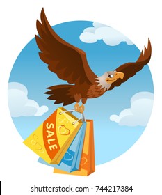 Flying American eagle carries the shopping bags from the sale. Cartoon styled vector illustration. Elements is grouped. No transparent objects.