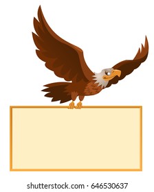 Flying american eagle holds  blank banner. Cartoon styled vector illustration. Isolated on white.