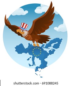 Flying American eagle holds the The European Union against the background of the blue sky. Cartoon styled vector illustration. Elements is grouped.  No transparent objects.