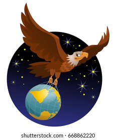 Flying American eagle holds the globe against the background of the Universe. Cartoon styled vector illustration. Elements is grouped.  No transparent objects.