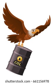 Flying  American eagle holds oil barrel. Cartoon styled vector illustration. Isolated on white.