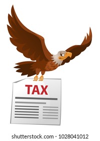 Flying  American eagle holds tax letter. Cartoon styled vector illustration. Elements is grouped. On white background. No transparent objects.