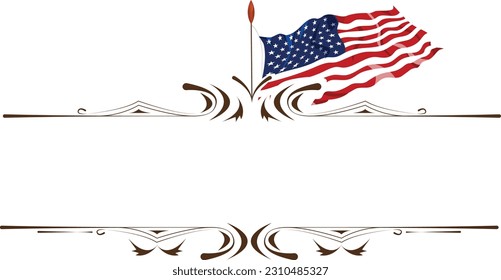 flying american flag Calligraphic frame and page decoration. patriotic America border and frame of decorative vertical element.