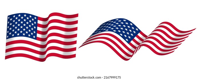 Flying American flag over white background.