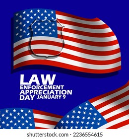 Flying American flag with police badge icon and bold text on dark blue background to commemorate Law Enforcement Appreciation Day on January 9