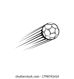 Flying american football ball isolated monochrome icon. Vector fast moving soccer ball leaving trace, sport equipment, trail from shoot of football. College school championship competition sign