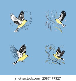 Flying American Goldfinch on a white background, perfect for nature, wildlife, and bird-themed projects.