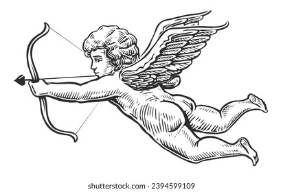 Ángel volador con flecha y arco. Ilustración vectorial monocromática de vara