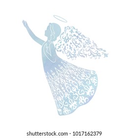 A flying angel with delicate wings on a Watercolor blue background. Angel silhouette with ornamental wings and nimbus. Isolated vector object.