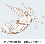 Flying angel with flowers. Biblical illustrations in old engraving style. Decor for religious holidays. Hand drawn vector illustration.
