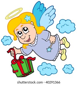 Ángel volador con regalo - ilustración vectorial.