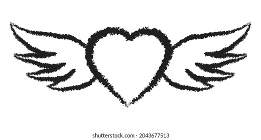 Flying angel heart with wings, symbol  love hand drawn ink inscriptions