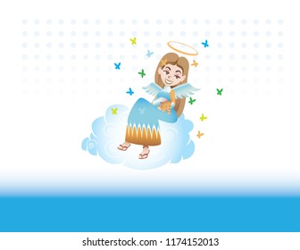 Flying angel on her cloud with a pet dog surrounded by butterflies