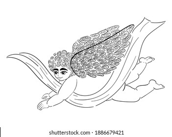 Flying angel with ribbon, stock vector illustration for design and decor, black outline isolated on white background, cupid, valentine's day, banner, postcard, poster, clipart