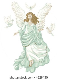 Flying angel surrounded by doves.