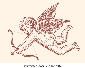 Flying Angel, symbol of love and Valentine's Day. Cupid shoots an arrow from bow. Vintage sketch vector illustration