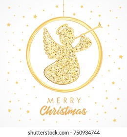 Flying angel with trumpet on a white background, Merry Christmas card. Golden isolated angel with trumpet starry herald shiny ball silhouette. Merry Christmas text, vector design