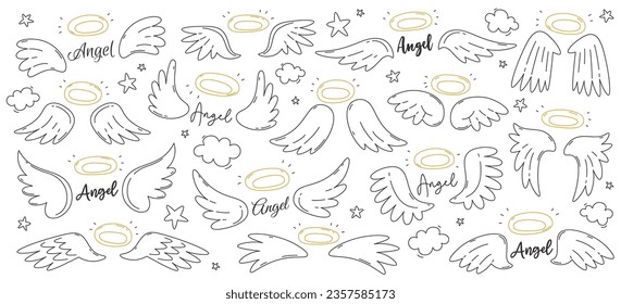 Flying angel wing and halo nimbus creative linear drawing with inscription isolated set on white background. Cute stylized emblem symbol vector illustration. Freedom, heaven and peace concept