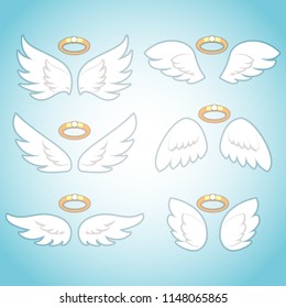 Flying angel wings with gold nimbus. Angelic wing cartoon vector set. Isolated Illustration of holy symbol collection