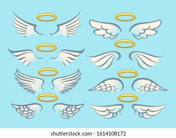 Flying angel wings with gold nimbus. Angelic wing cartoon set. Vector Illustration