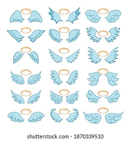 Flying angel wings with a golden halo in flat style. Angel winged glory halo cute cartoon drawings isolated on white background. Cartoon vector illustration. Eps 10.